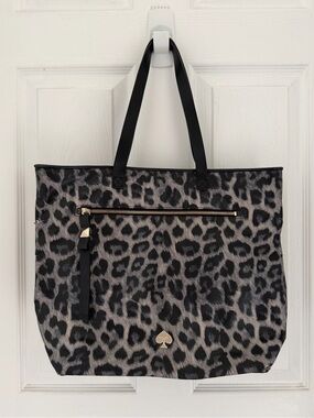 Kate Spade Gray Black Leopard Print Bow Detail Tote Shoulder Bag Travel Handbag